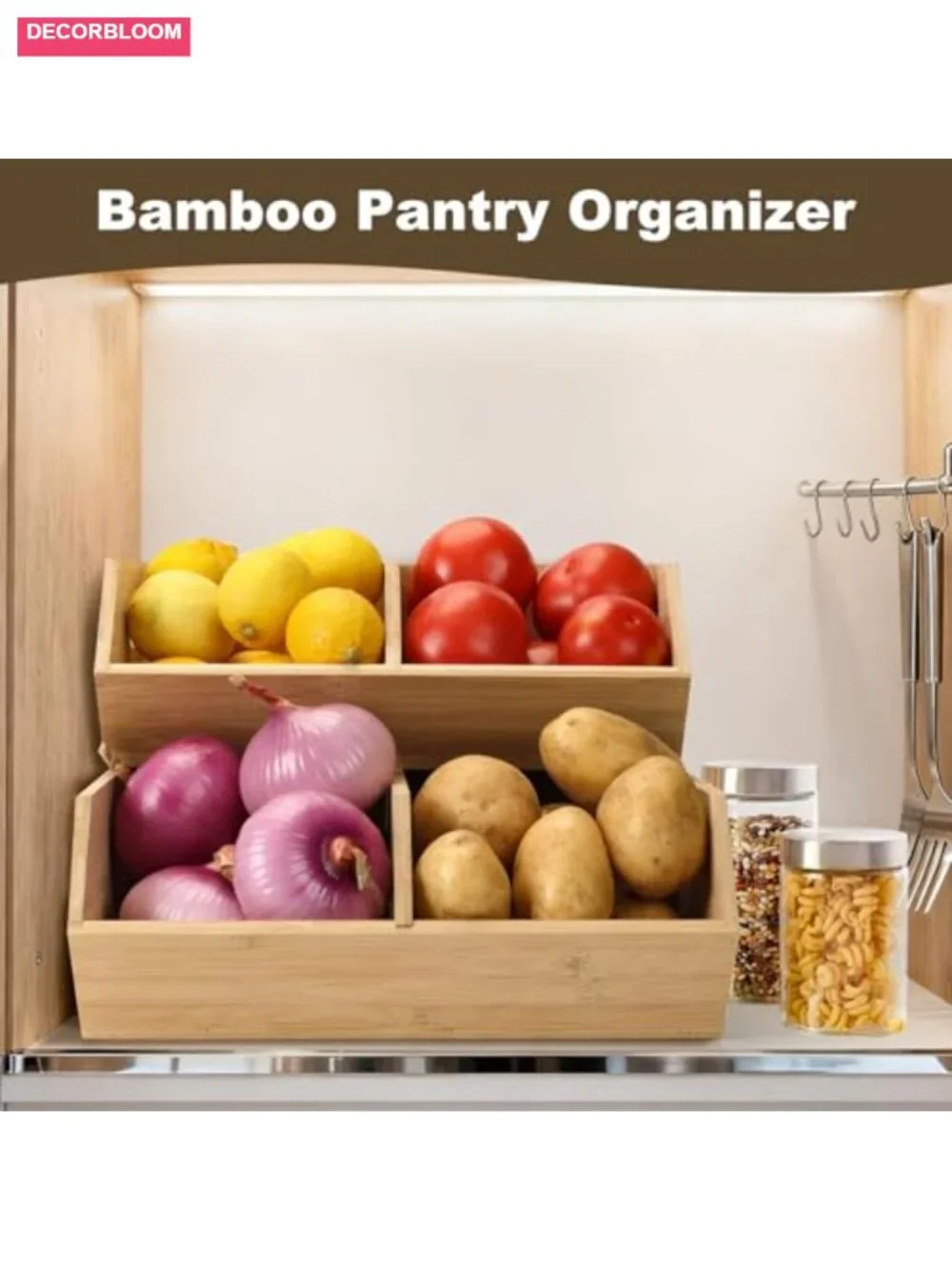 Bamboo Stackable Pantry Baskets Set of 2 Kitchen Storage Organizer Bins